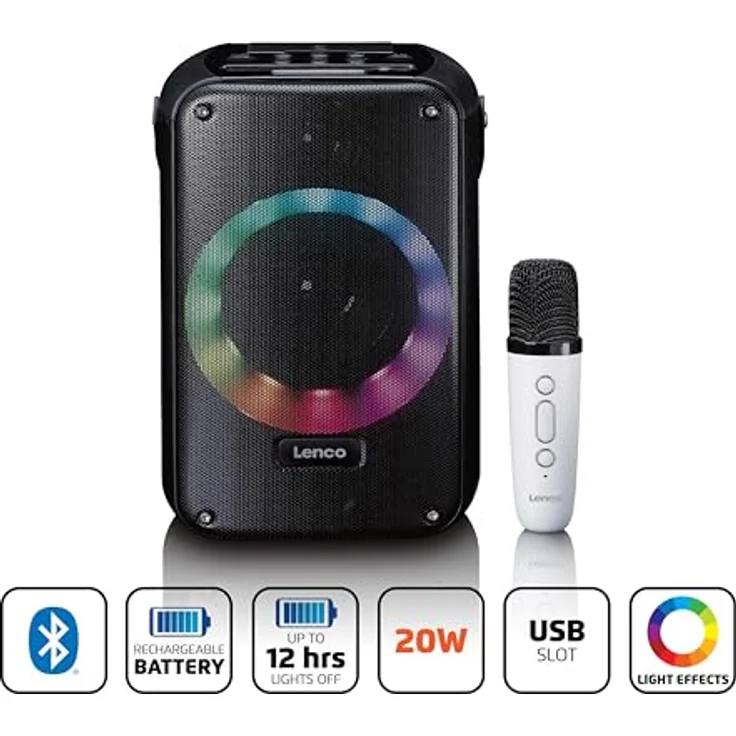 Lenco BTC-060BK Bluetooth Lautsprecher in Schwarz mit 12 h Akkubetrieb, Karaoke-Set inkl. wiederaufladbarem Mikrofon und LED-Lichteffekten – Bild 3