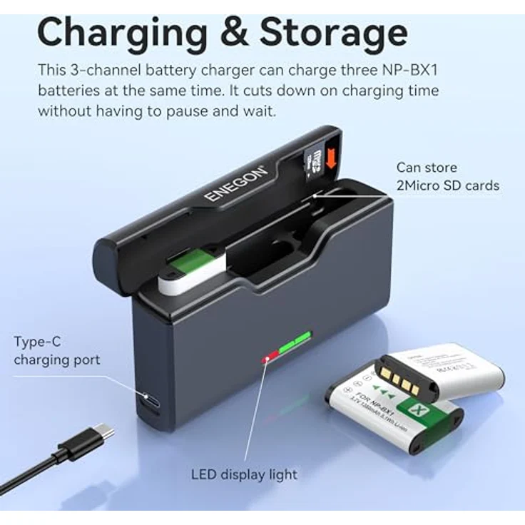 ENEGON 3er-Pack NP-BX1 Batterien 1380mAh & 3-Kanal-Ladegerät, kompatibel mit Sony ZV-1, Cyber-Shot DSC-RX100, HDR-CX405, FDR-X3000 – Bild 3