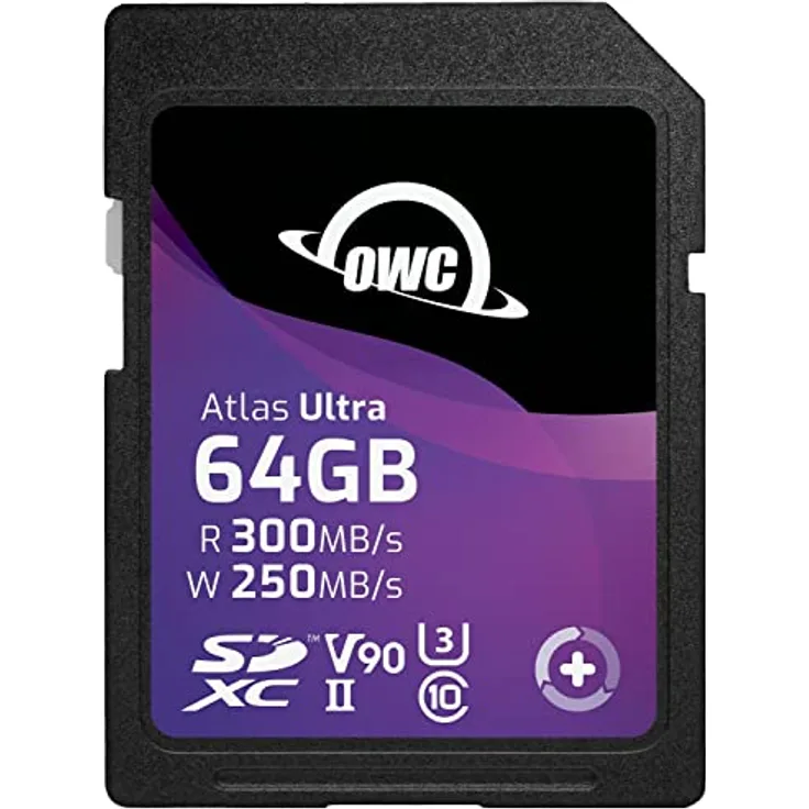 OWC Atlas Ultra SD V90-64GB SDXC-UHS-II V90 Medienkarte, bis zu 300 MB/s Lesen und 250 MB/s Schreiben, leistungsstarke Speicherkarte für erweiterte Fotografie und Videoaufnahmen