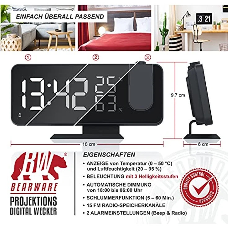 CSL - Radiowecker digital – Projektionswecker – 7 Tasten – 2 Alarme – Projektion und Licht – Autodimmer - 15 FM Radiospeicher – Temperatur und Luftfeuchtigkeitsanzeige - mit Netzteil – Bild 2