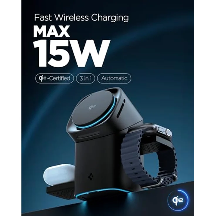 Spigen Essential Qi2 15W 3-in-1 MagSafe Ladestation, Schnellladung mit Touch-Steuerung & 360°-Drehhalterung, kompatibel mit iPhone 17/16/15/14/13/12 (Pro/Max/Air), Apple Watch (SE), AirPods (Pro 2/4) – Bild 2