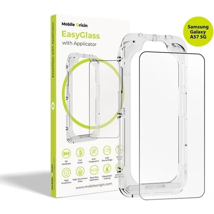Mobile Origin EasyGlass Displayschutz für Samsung Galaxy A57 5G, 9H Hartglas mit Applikator und hydrophober Beschichtung