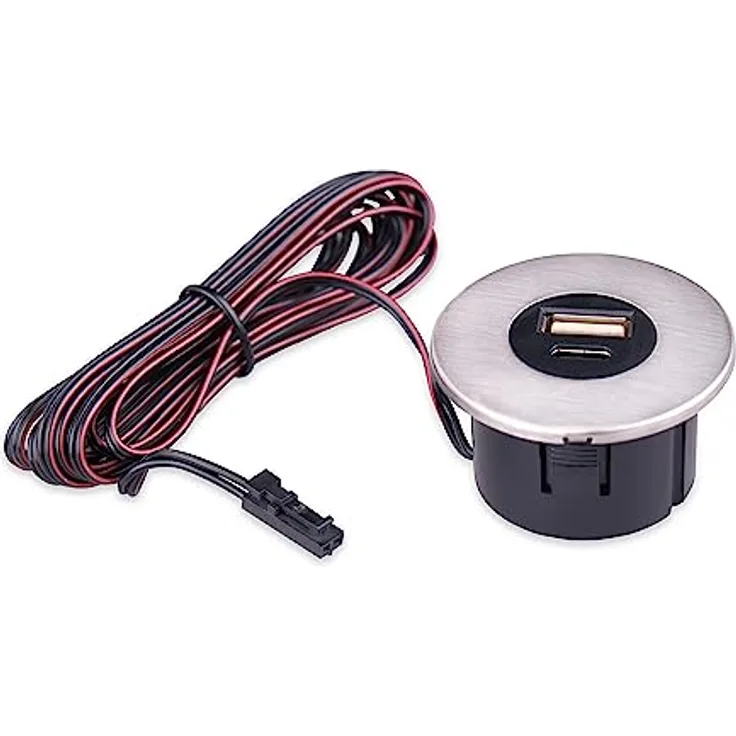 kalb Einbau USB-Hub 2 in 1 USB und USB-C, Edelstahl gebürstet, Steckdose für Möbel, 12V, platzsparend mit 200cm Kabel