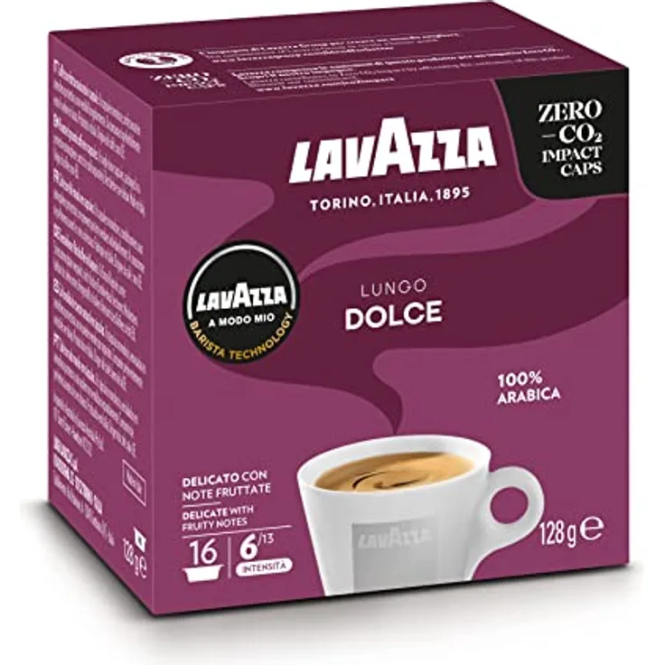 Lavazza A Modo Mio Lungo Dolce, 16 Kaffeekapseln, 100% Arabica, mittlere Röstung, Aromanoten von Trockenfrüchten, Intensität 6/13