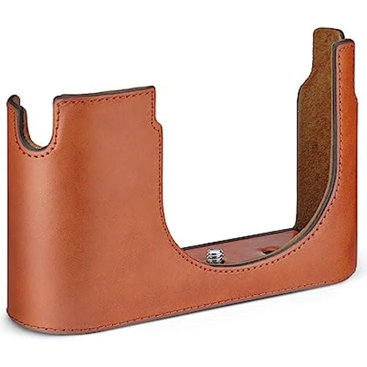 Leica Halbtasche aus pflanzlich gegerbtem Leder für Q3 Kamera mit zusätzlichem SD-Kartenfach, sofortiger Akku und Speicherkartenzugriff (Cognac)