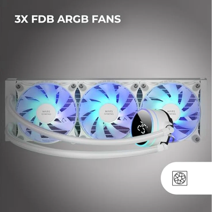 Mars Gaming ML-LCD360, AIO Flüssigkeitskühlung mit 600W TDP, 3x FDB ARGB 120mm Lüfter, LCD-Temperaturdisplay, Opti-Chamber 3rd Gen Pumpe, weiß – Bild 5