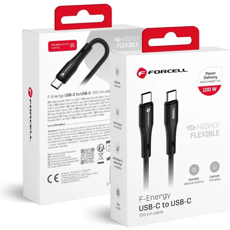 Forcell USB C Kabel 100W PD 5A Schnellladekabel, Silikon, 1m, QC4.0, schwarz, kompatibel mit Apple CarPlay und Android Auto