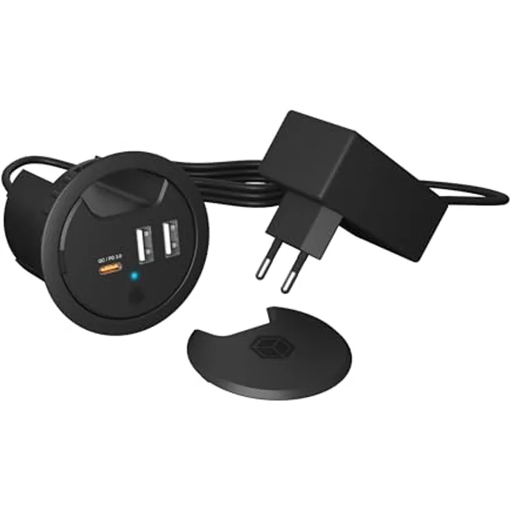 ICY BOX 3-Port Tischladegerät, 2X USB-A & 1x USB-C, Für 60mm Bohrungen, Gerät dient nur zum Laden, Schwarz, IB-HUB1407
