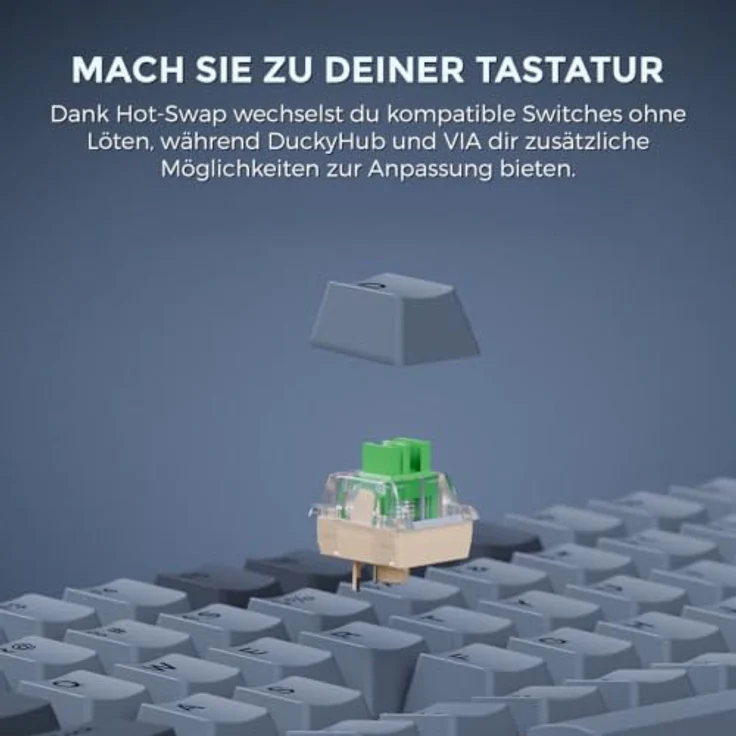 Ducky Cushion 98 Gaming-Tastatur, 96%, DE-Layout (ISO), Shush Green Switches, RGB, 2,4 GHz/Bluetooth, Nickel – Bild 6