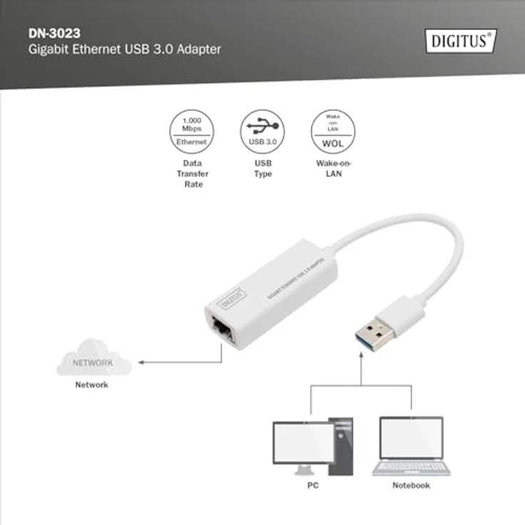 DIGITUS Netzwerk-Adapter über USB 3.0 - Gigabit-Ethernet 1 GBit-s RJ45 - Zusätzlicher LAN-Anschluss über USB-A Stecker – Bild 3