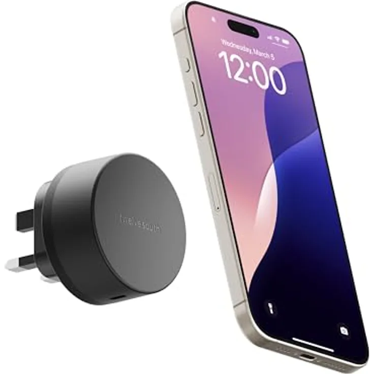 Twelve South PowerBug 35W USB-C PD & 15W Qi Wandladegerät, Schwarz - Schnelles kabelloses Laden mit integriertem USB-C-Anschluss und iOS StandBy-Unterstützung