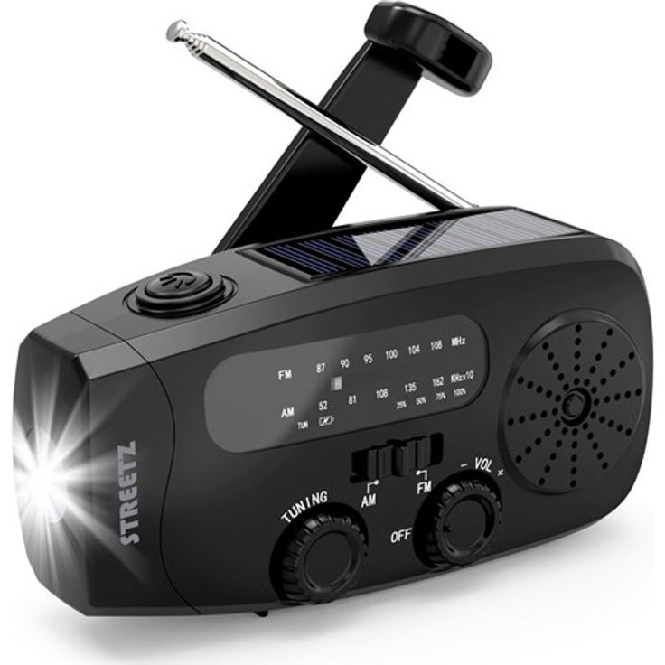 STREETZ Notfall-Solar-Kurbelradio S80-BLK, AM/FM Mono mit USB- und Solarladefunktion, Powerbank, LED-Taschenlampe und SOS-Funktion - Schwarz