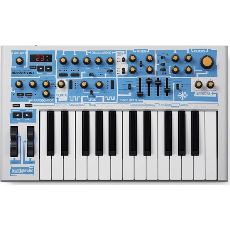 Novation Bass Station II Swifty Edition, 25-Tasten Bass-Synth mit analogem Sound und individuellen Grafiken in Weiß und Blau, inkl. vorinstallierten Artist-Patches – Bild 8