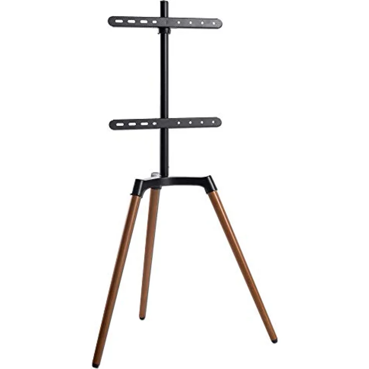 EasyLife Design STAFFELEI Tripod TV-Stativ, Halterung bis 65 Zoll für Fernseher/Monitor, 140° schwenkbar, höhenverstellbar, VESA bis 400x400, Schwarz/Nussbaum dunkel – Bild 1