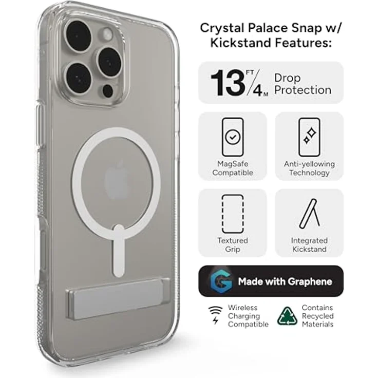 ZAGG Crystal Palace Snap KS, Graphen-verstärkte Hülle für iPhone 16 Pro Max [6.9-Inch], Transparent, MagSafe-kompatibel, stoßfest, integrierter Standfuß – Bild 3