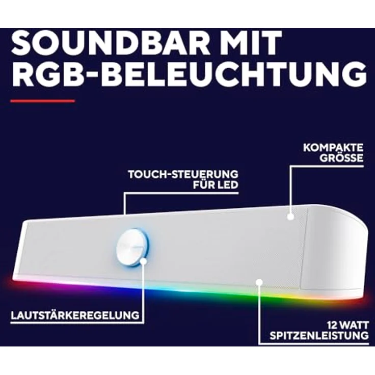 GXTrust Rhox PC Soundbar mit RGB Beleuchtung, 12W Leistung (6W RMS), Weiß, kompakter Stereoklang, Plug & Play – Bild 2