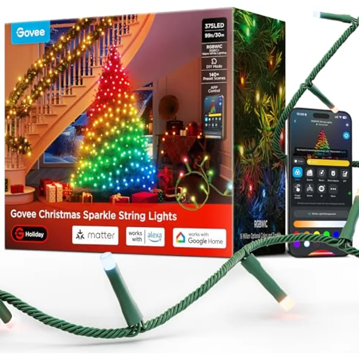 Govee Christmas Sparkle String Lights, 30M RGBWIC Lichterkette mit 375 LEDs, 140+ dynamische Szenenmodi, App-Steuerung mit Alexa für Innenräume