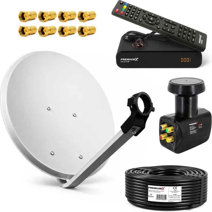 PremiumX SAT Anlage 60cm Satellitenantenne, Quad LNB, 50m Kabel, Receiver, hellgrau