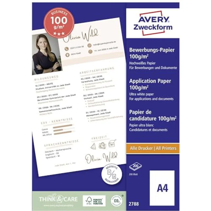 AVERY Zweckform 2788 Inkjet Bewerbungspapier (A4, beidseitig beschichtet, satiniert, 100 g-m², 200 Blatt) – Bild 2