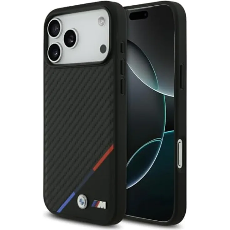 BMW M Carbon Tricolor Line MagSafe Handyhülle für iPhone 17 Pro Max, Schwarz mit Metall-Logo, 6,9 Zoll, Kantenschutz