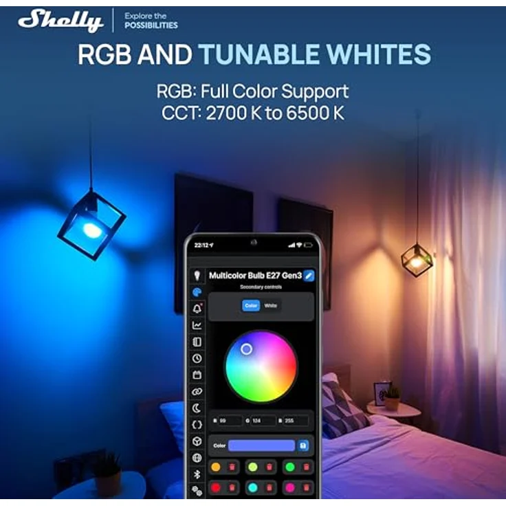 Shelly Multicolor Bulb E27 Gen3, WLAN Smart LED Glühbirne mit RGBW, 9W, 800lm, 16 Millionen Farben, dimmbar, Sicherheitsmodus, Sprachsteuerung, kein Hub erforderlich – Bild 4