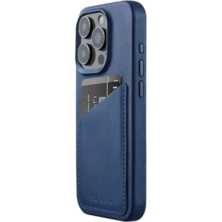 Mujjo Lederhülle Wallet iPhone 15 Pro blau - Brieftaschen-Funktionalität, außergewöhnlicher Schutz und Magsafe-kompatibel