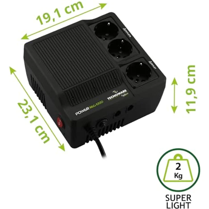 Tecnoware Spannungsstabilisator 1000VA, einphasiger Stromregler für Modem, Router und PC, Schutz vor Stromschwankungen, 3 Schuko-Ausgänge, LED Statusanzeige – Bild 3