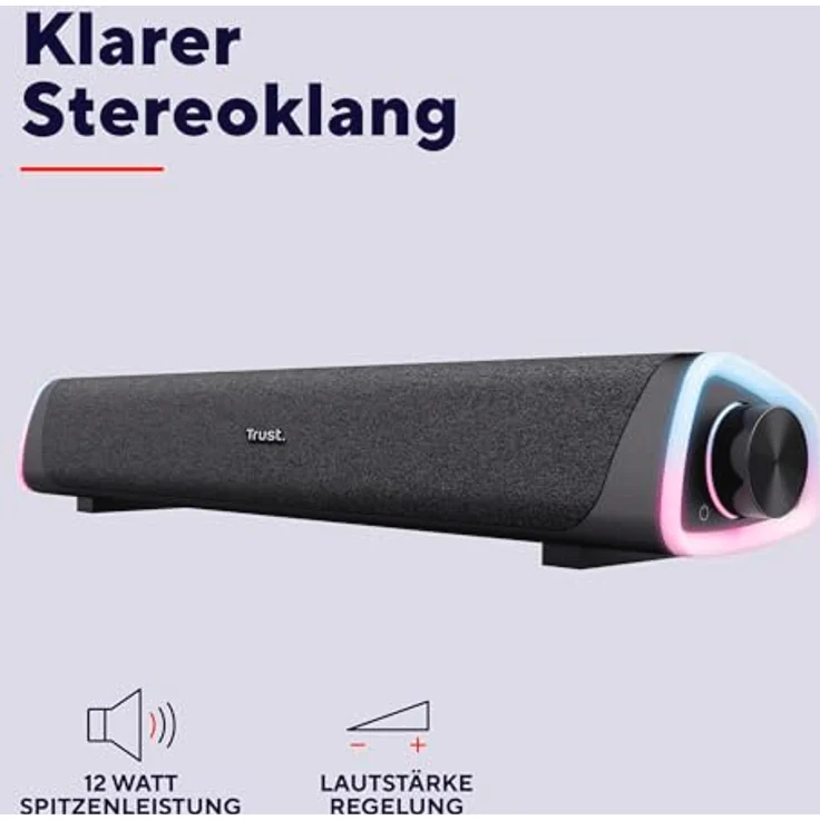 Trust Liro Illuminated Soundbar, 12W Stereo PC Lautsprecher mit RGB LED Beleuchtung, Klinke 3,5 mm AUX, USB Betrieb, Schwarz – Bild 4