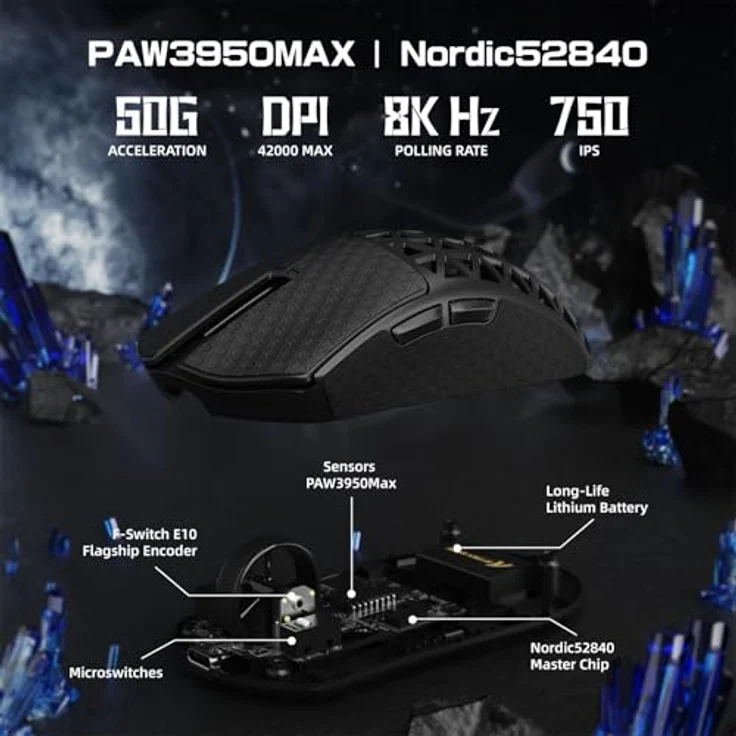 ATTACK SHARK R5 Ultra Carbonfaser HyperSpeed, Kabellose Gaming-Maus mit PAW3950MAX Sensor, 8000Hz Abtastrate, 42000DPI, 39g ultraleicht – Schwarz – Bild 4