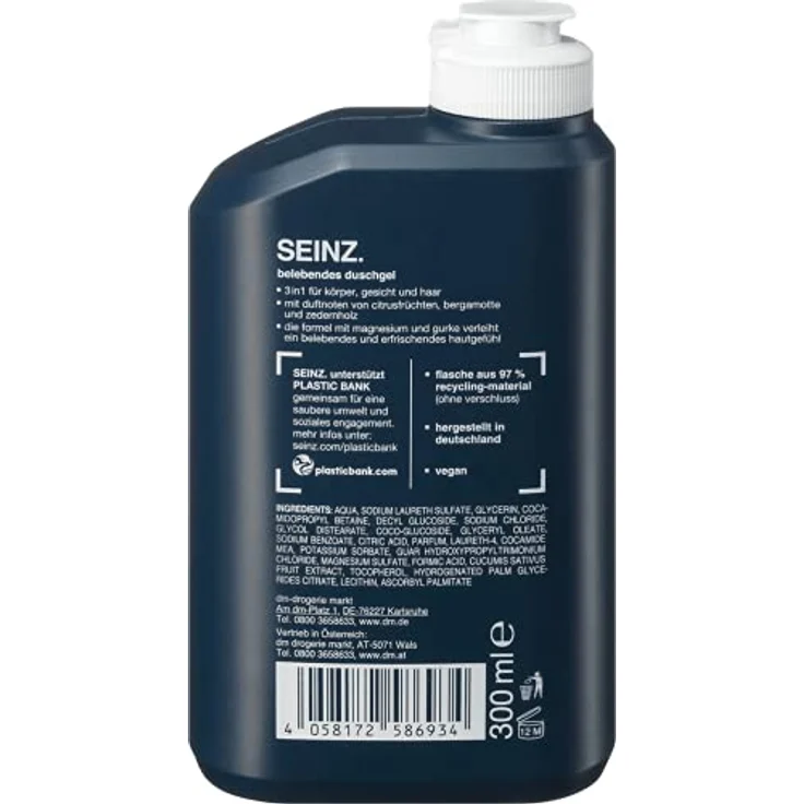 Seinz Duschgel Sport mit Magnesium und Gurke, 300 ml, vegan, aus 97% Recycling-Material, hergestellt in Deutschland – Bild 2