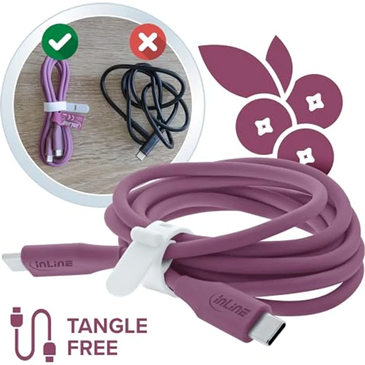InLine Colour your Charge USB C Kabel 100W, PD Schnellladekabel, flexible Silikonummantelung, für iPhone, iPad, Galaxy S23, Pixel Tablets, 0,5m, Wild Berry (lila) – Bild 3