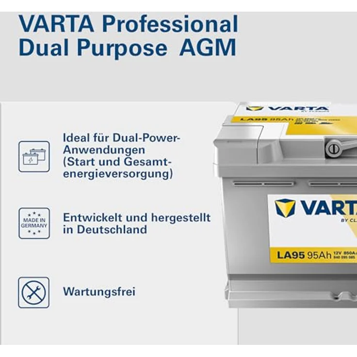 Varta LA95, Professional AGM Autobatterie 12V mit 95Ah und 850A, wartungsfrei und zyklenfest für Wohnmobile und Boote – Bild 2