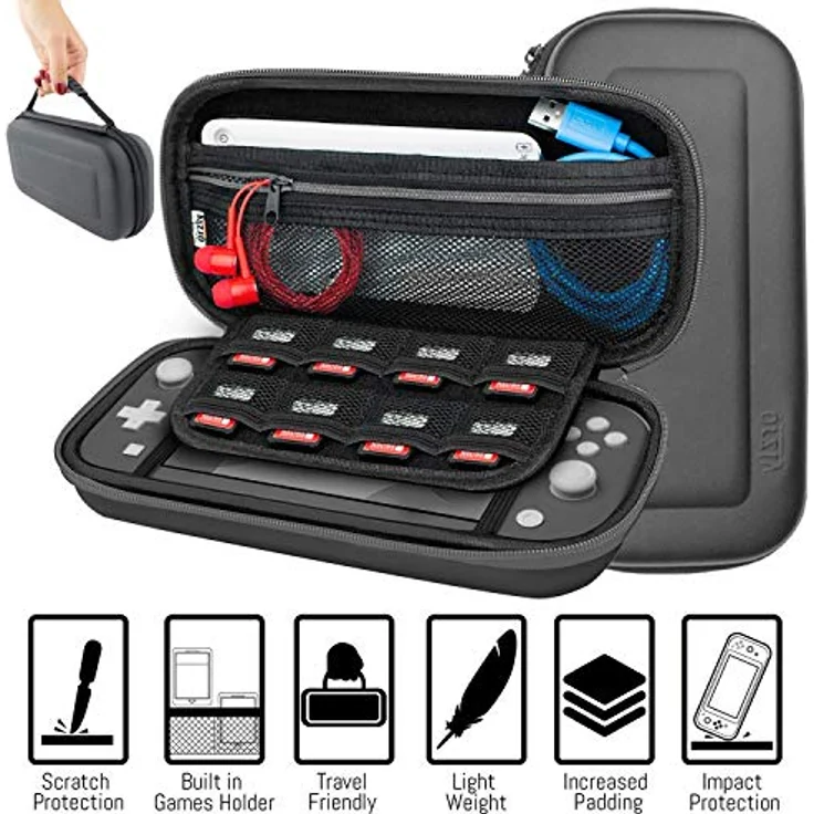 Orzly Switch Lite Accesoires, Zubehör für Nintendo Switch Lite (2019) Panzerglas Schutzfolien, USB Ladekabel, Konsole Tragetasche, Spiele Patronenhülse, Comfort Grip Case, Kopfhörer - Grau - Preisvergleich – Bild 4