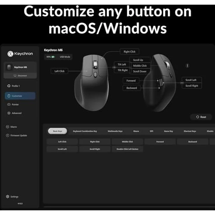 Keychron M6 Silent, Ergonomische drahtlose optische Maus mit 1000 DPI, leisen Klicks und programmierbaren Tasten, schwarz – Bild 7