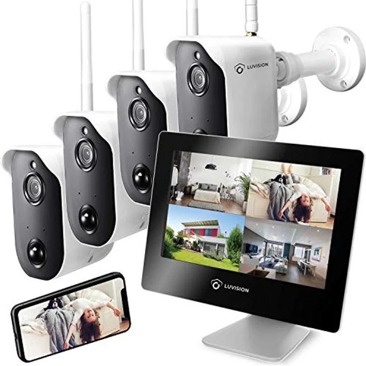 LUVISION Akku Überwachungskamera Full HD und Touchscreen Monitor Funk kabellos mit Bewegungserkennung Gegensprechanlage Nachtsicht App Solar + Flutlicht kompatibel [Set 4 x Kamera 1 x Monitor] – Bild 1