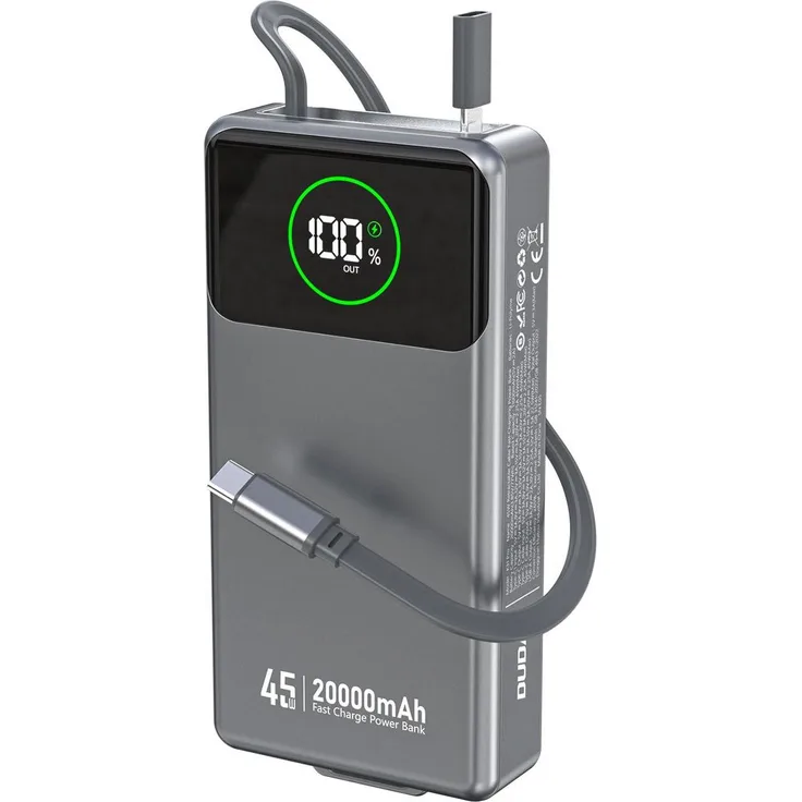 Dudao K31 Pro 20000mAh Powerbank mit 45W und einziehbarem USB-C-Kabel, Grau