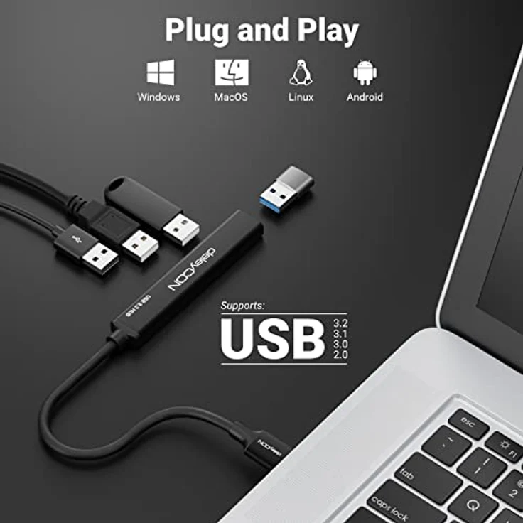 deleyCON USB A HUB MK5414, 4-Port Mini USB Splitter mit Aluminium Gehäuse, bis zu 5 Gbps, für PC, Laptop, Notebook, Schwarz – Bild 3