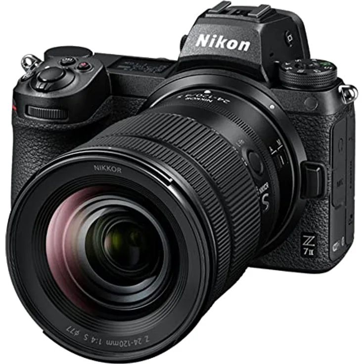 Nikon Z 7II KIT Z 24–120 mm 1:4 S (45,7 MP, 11 Bilder pro Sekunde, Hybrid-AF, 2 EXPEED-Prozessoren, doppeltes Speicherkartenfach, 4K UHD Video mit 10-Bit-HDMI-Ausgabe) Schwarz