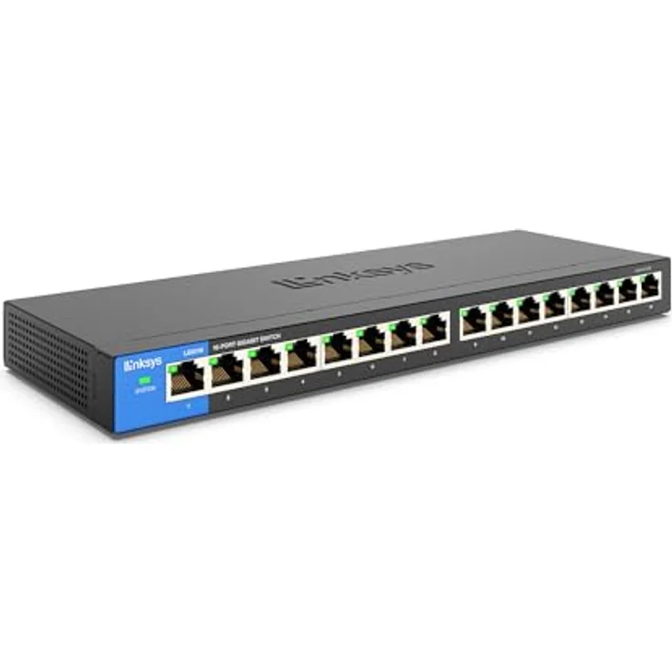 Linksys LGS116-EU 16-Port Unmanaged Gigabit Netzwerk Switch (Lüfterlos, Auto Sensing, Energiesparfunktion) schwarz – Bild 2