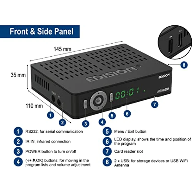 Edision PING T2 C Terrestrischer & Kabel Receiver DVB-T2 C H.265 HEVC Kartenleser Full HD PVR, 2xUSB, HDMI, SCART, LAN, S PDIF, IR-Auge, R2232, USB WiFi Support, Universal 2in1 Fernbedieung Schwarz – Bild 3