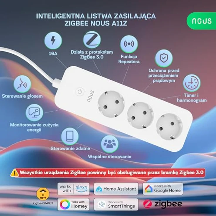 NOUS A11Z Smart Steckdosenleiste, 3-Fach ZigBee Power Strip mit 16A, Energieüberwachung, 1.8m Kabel, App-Steuerung, kompatibel mit Alexa und Home Assistant – Bild 2