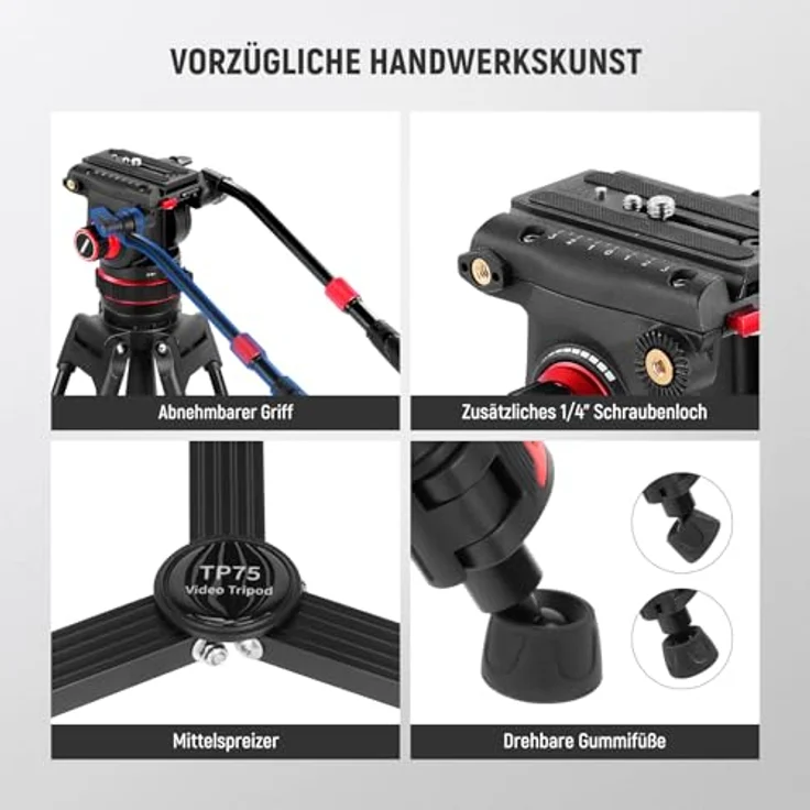 Neewer TP75 189cm Videostativ mit Fluidkopf, 360° Schwenkung, 89-189cm höhenverstellbar, Aluminiumlegierung, max. Tragfähigkeit 8kg – Bild 8