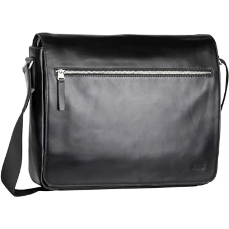 Jost Umhängetasche Skagen L, Messenger Bag aus edlem Vollrindsleder mit vielen Fächern, Schwarz