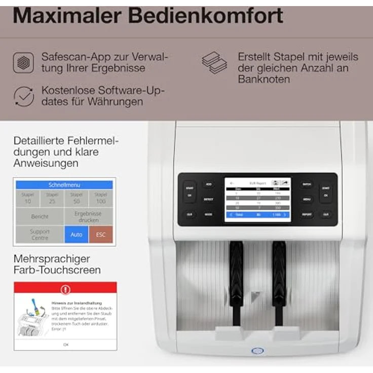 Safescan Banknotenzähler 2485-SC, Geldzählmaschine mit 100 % Falschgelderkennung, Wertzählung für bis zu 40 Währungen, Bluetooth App-Funktion, Touch-Display – Bild 6