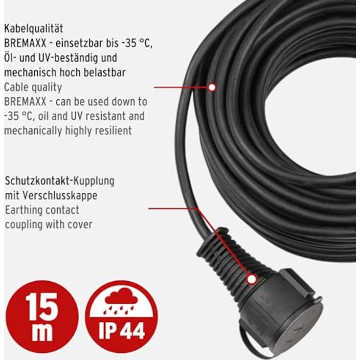 Brennenstuhl BREMAXX Verlängerungskabel (15m Kabel in schwarz, für den kurzfristigen Einsatz im Außenbereich IP44, einsetzbar bis -35 °C, öl- und UV-beständig) – Bild 2