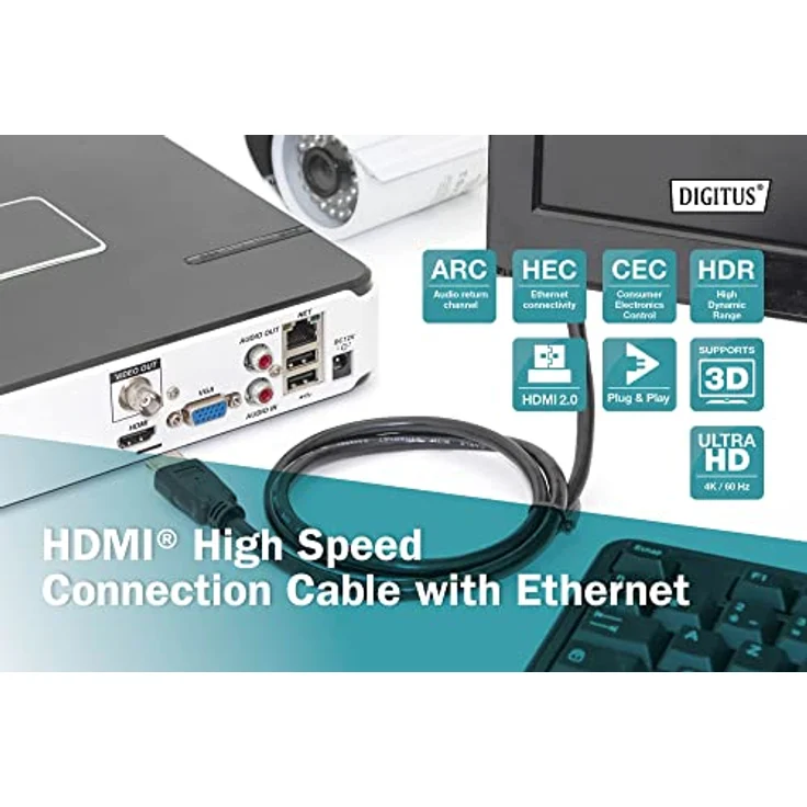DIGITUS HDMI-Kabel 3-m - 60 Hz Ultra-HD 4K - Für Monitor-Anschluss & Fernseher DVB-T Receiver - High-Speed - Schwarz – Bild 5