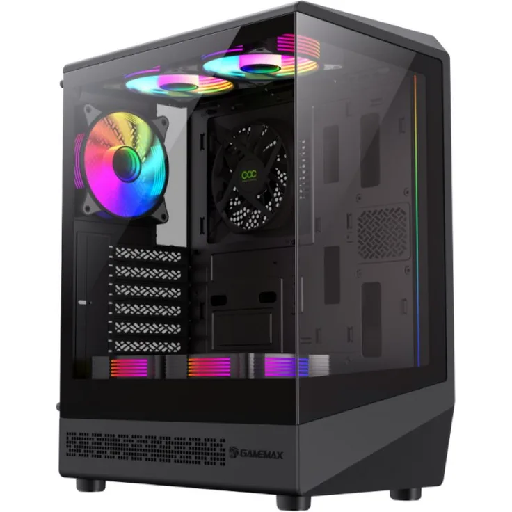 GAMEMAX Vista COC AB, ATX Midi-Tower Gehäuse mit 5x 12cm ARGB Lüftern, 262° Panorama-Sicht, USB-C, schwarz