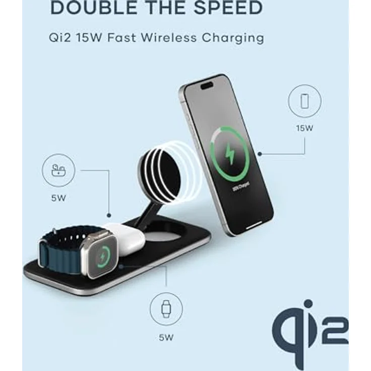 SATECHI Qi2 Trio Wireless Charging Pad, 3-in-1 Ladestation, 15W Schnellladegerät für iPhone 16/15/14/13/12, AirPods und Apple Watch, Aluminium – Bild 2