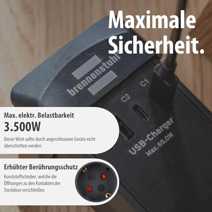 Brennenstuhl Premium-Line 1951160613 Steckdosenleiste Schwarz, 6-fach mit 3m Kabel, 3 USB-Ladebuchsen (2x USB C 65W, 1x USB A 18W), Schutzkontakt-Steckdosen, Sicherheitsschalter – Bild 10