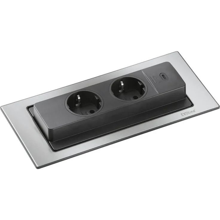 Evoline EVOline BackFlip Einbausteckdose, versenkbare Tischsteckdose mit 2 Schukosteckdosen und 1 USB-C Anschluss, Edelstahlplatte